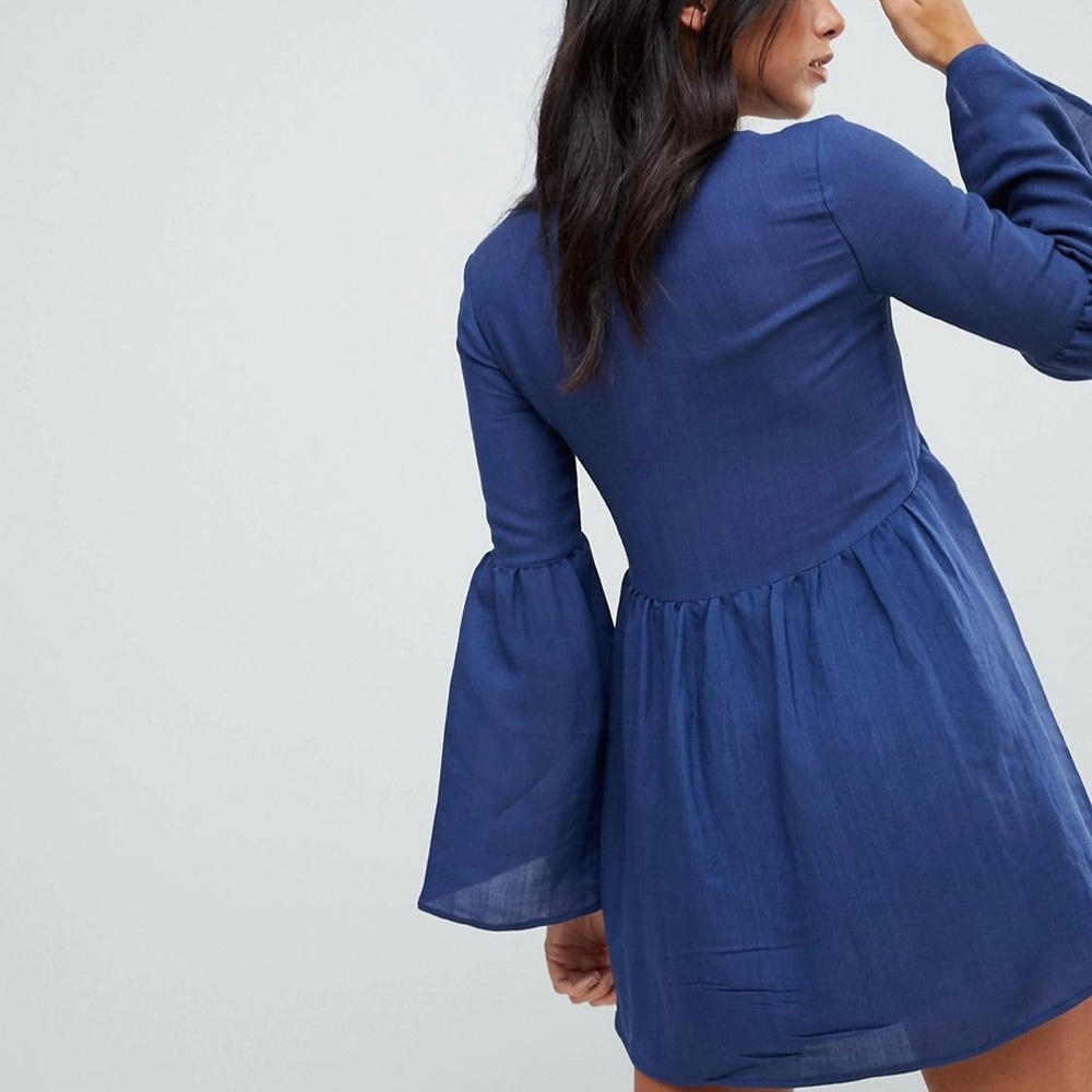 Cute English Factory Ruffle Mini Dress with Lace Trim & Flounce Sleeves Navy XS - Picture 8 of 16